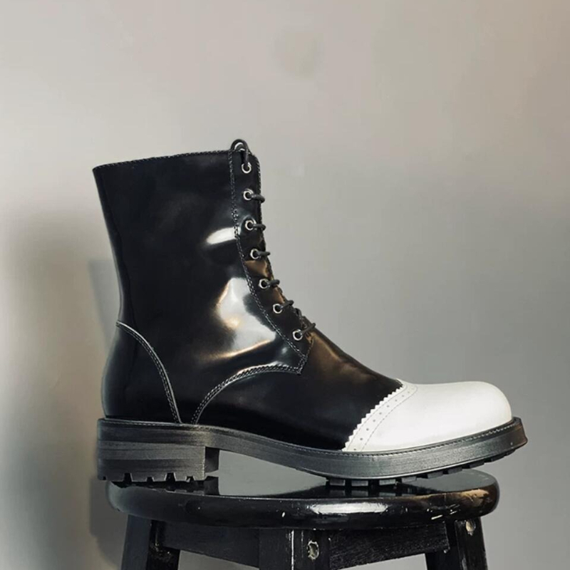 Mens Fashion Caps - Men Black‑White Patent Leather Motorcycle Boots