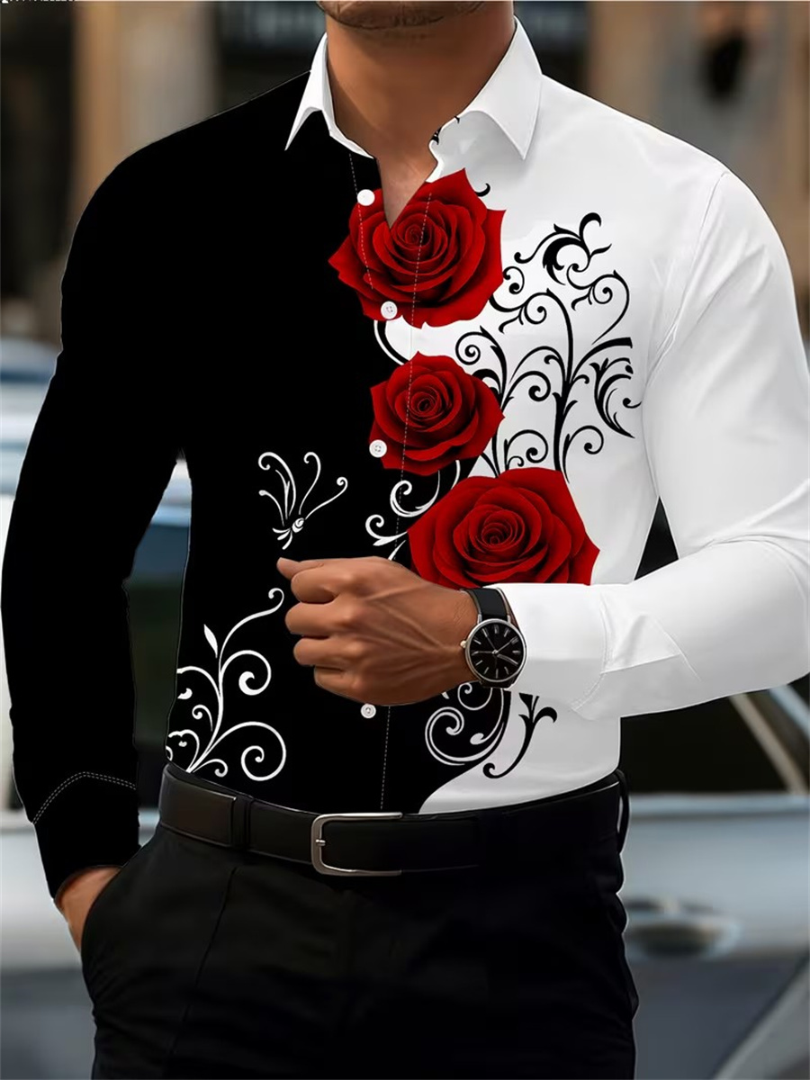 Quality Men'S Fashion - Men's Red Rose Print Long-Sleeve Shirt,
