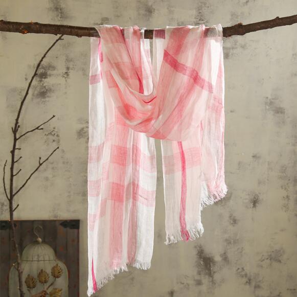 Men'S Fashion Head Scarf - 100% Linen Plaid Contrast Tassels Linen